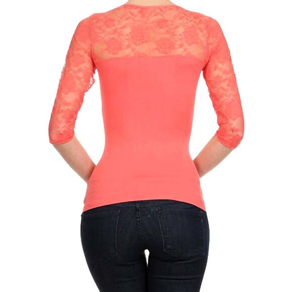 Lightweight Three Quarter Sleeve Top With Lace Trim - Picture 2 of 8